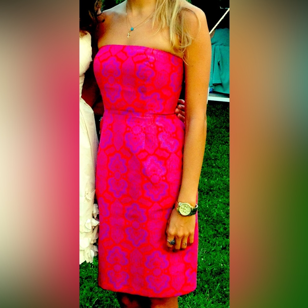 J. Crew Strapless Pink and Purple Patterned Cocktail Dress